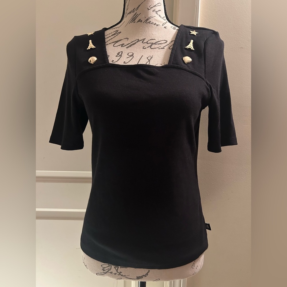 Karl Lagerfeld Black Square Neck Tee with Gold Button Details - Picture 2 of 6